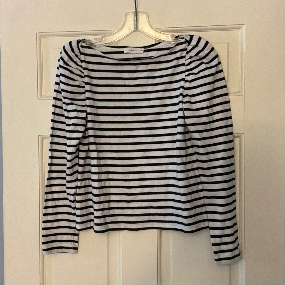 A.L.C. Striped Puff Shoulder Cotton Top XS Black White Nautical Parisian Chic